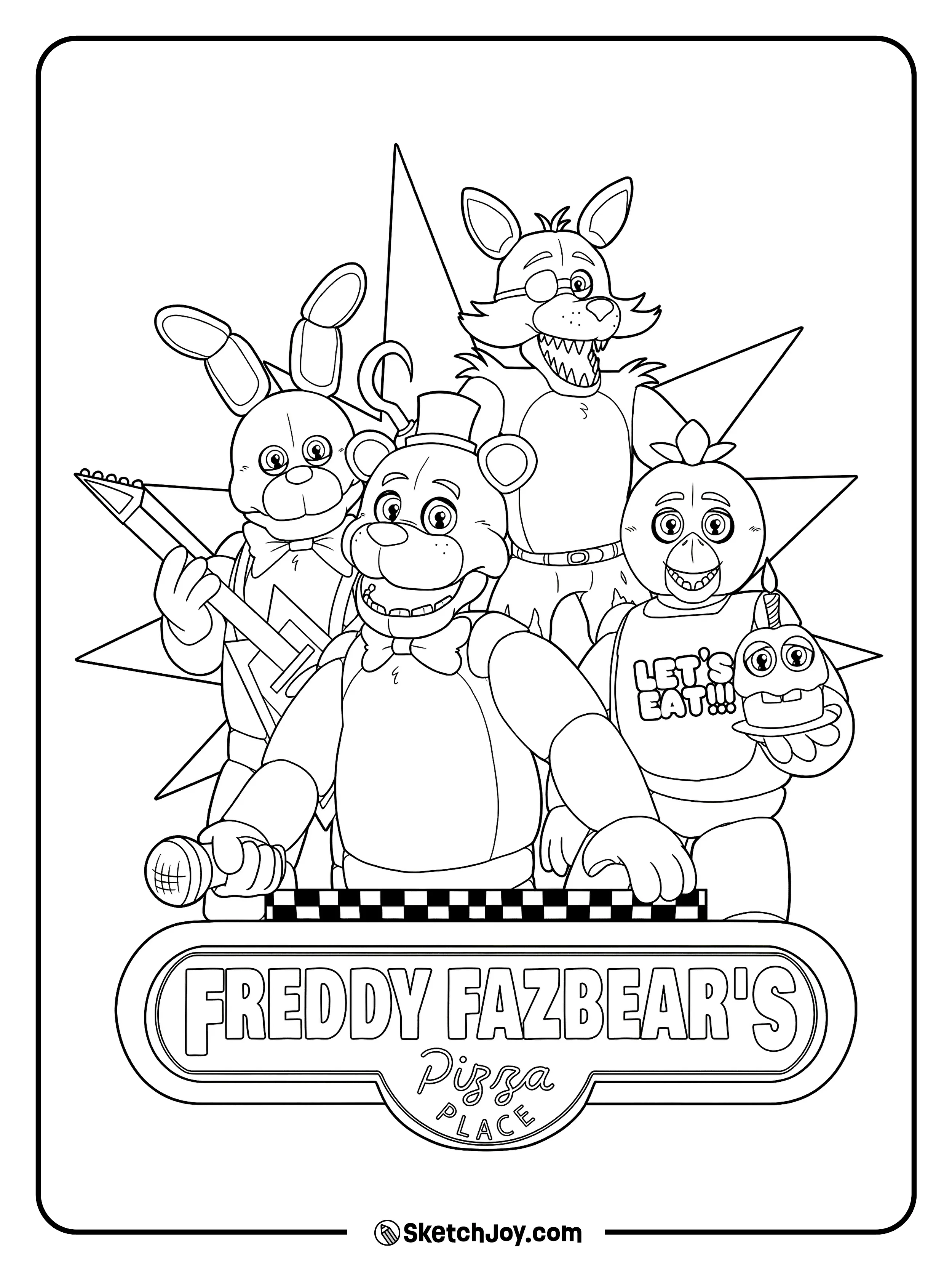 Freddy, Bonnie, Chica, and Foxy pose together above a big pizza place sign.